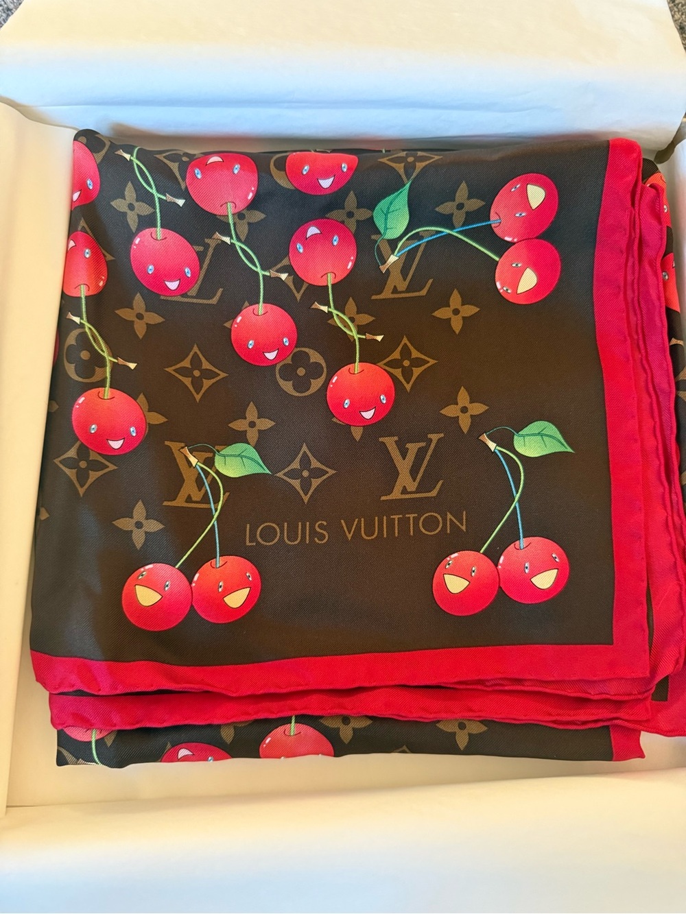Louis Vuitton Black, Red & Green Cherry Monogram Silk Throw